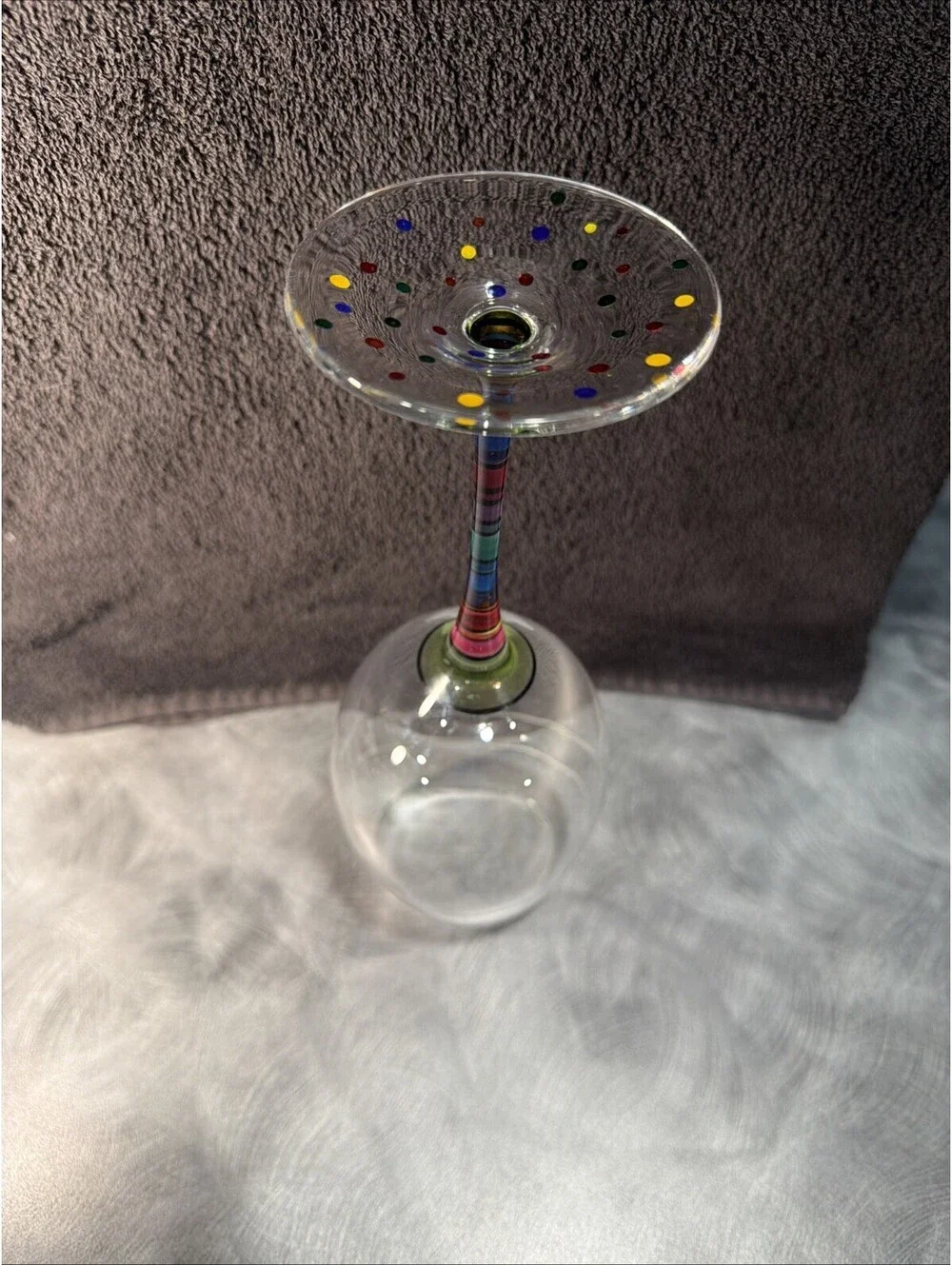 Colorful Art Glass Wine Goblet Striped Stem Confetti Foot Hand Painted 8.5”